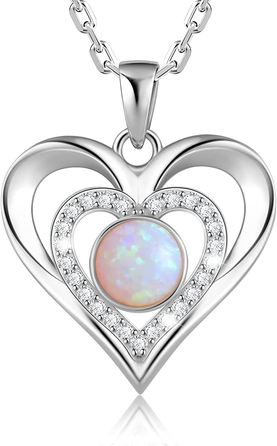 925 Sterling Silver Large Heart Necklace with 5A Birthstone Zirconia 18K Rose Gold Plated Love Birthstone Necklaces Jewelry Valentines Day Mothers Day Birthday Gifts for Mom Her Women Girls Wife Girlfriend, Chain Length 17.7"+2" Extender Silver-10 Oct-Created Opal