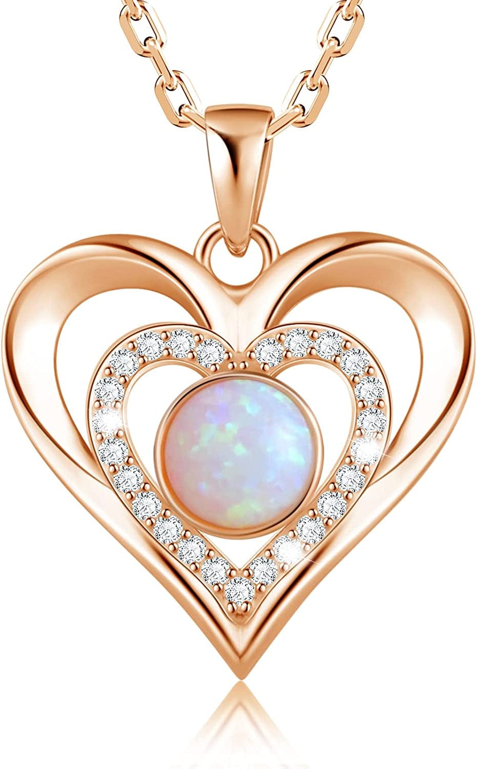 925 Sterling Silver Large Heart Necklace with 5A Birthstone Zirconia 18K Rose Gold Plated Love Birthstone Necklaces Jewelry Valentines Day Mothers Day Birthday Gifts for Mom Her Women Girls Wife Girlfriend, Chain Length 17.7"+2" Extender Rose Gold-10 Oct-Created Opal