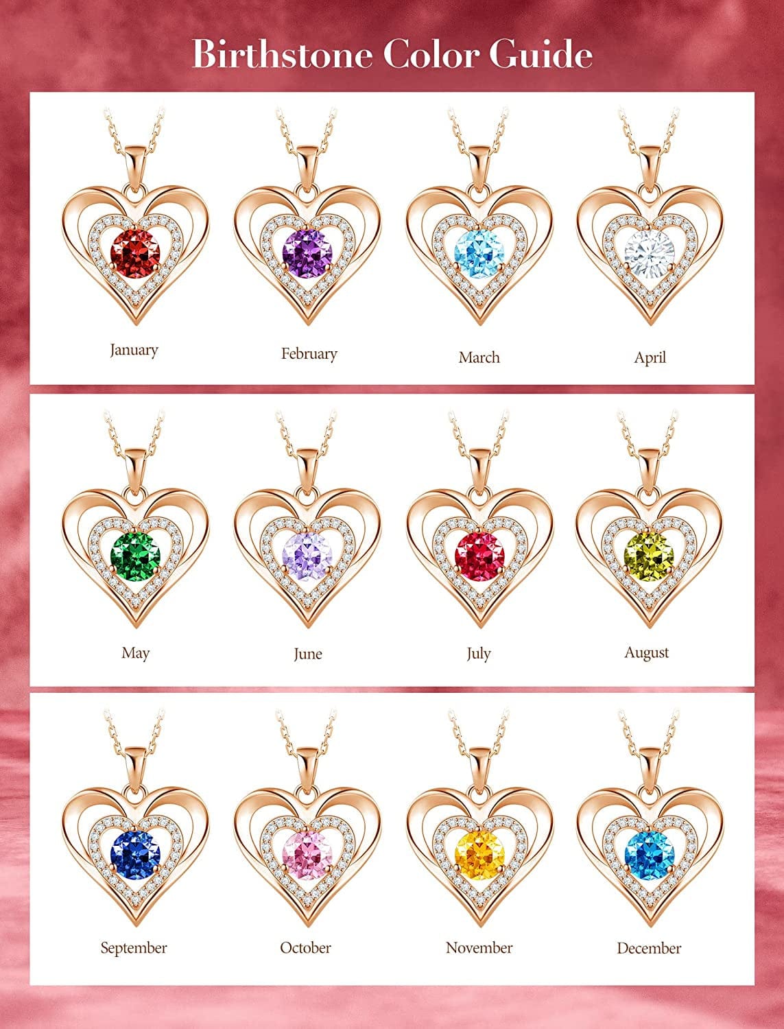 925 Sterling Silver Large Heart Necklace with 5A Birthstone Zirconia 18K Rose Gold Plated Love Birthstone Necklaces Jewelry Valentines Day Mothers Day Birthday Gifts for Mom Her Women Girls Wife Girlfriend, Chain Length 17.7"+2" Extender