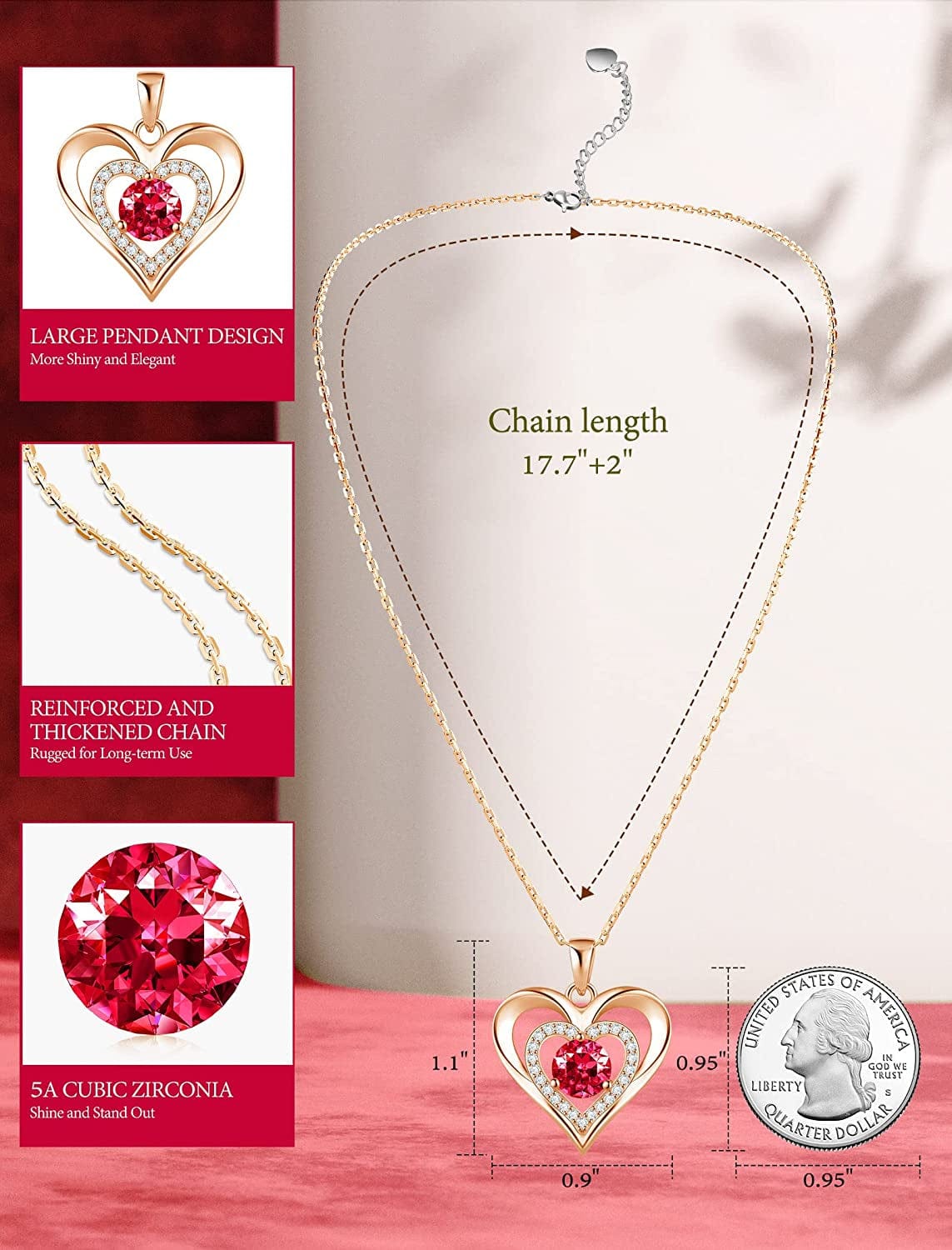 925 Sterling Silver Large Heart Necklace with 5A Birthstone Zirconia 18K Rose Gold Plated Love Birthstone Necklaces Jewelry Valentines Day Mothers Day Birthday Gifts for Mom Her Women Girls Wife Girlfriend, Chain Length 17.7"+2" Extender