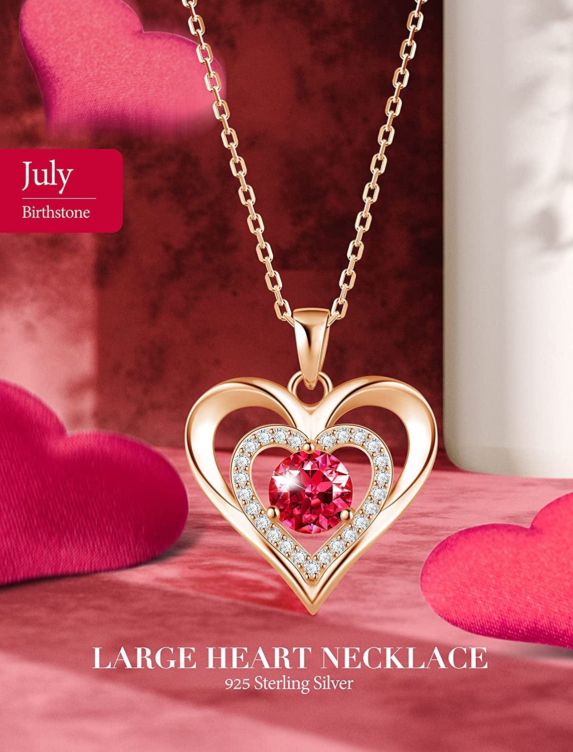 925 Sterling Silver Large Heart Necklace with 5A Birthstone Zirconia 18K Rose Gold Plated Love Birthstone Necklaces Jewelry Valentines Day Mothers Day Birthday Gifts for Mom Her Women Girls Wife Girlfriend, Chain Length 17.7"+2" Extender