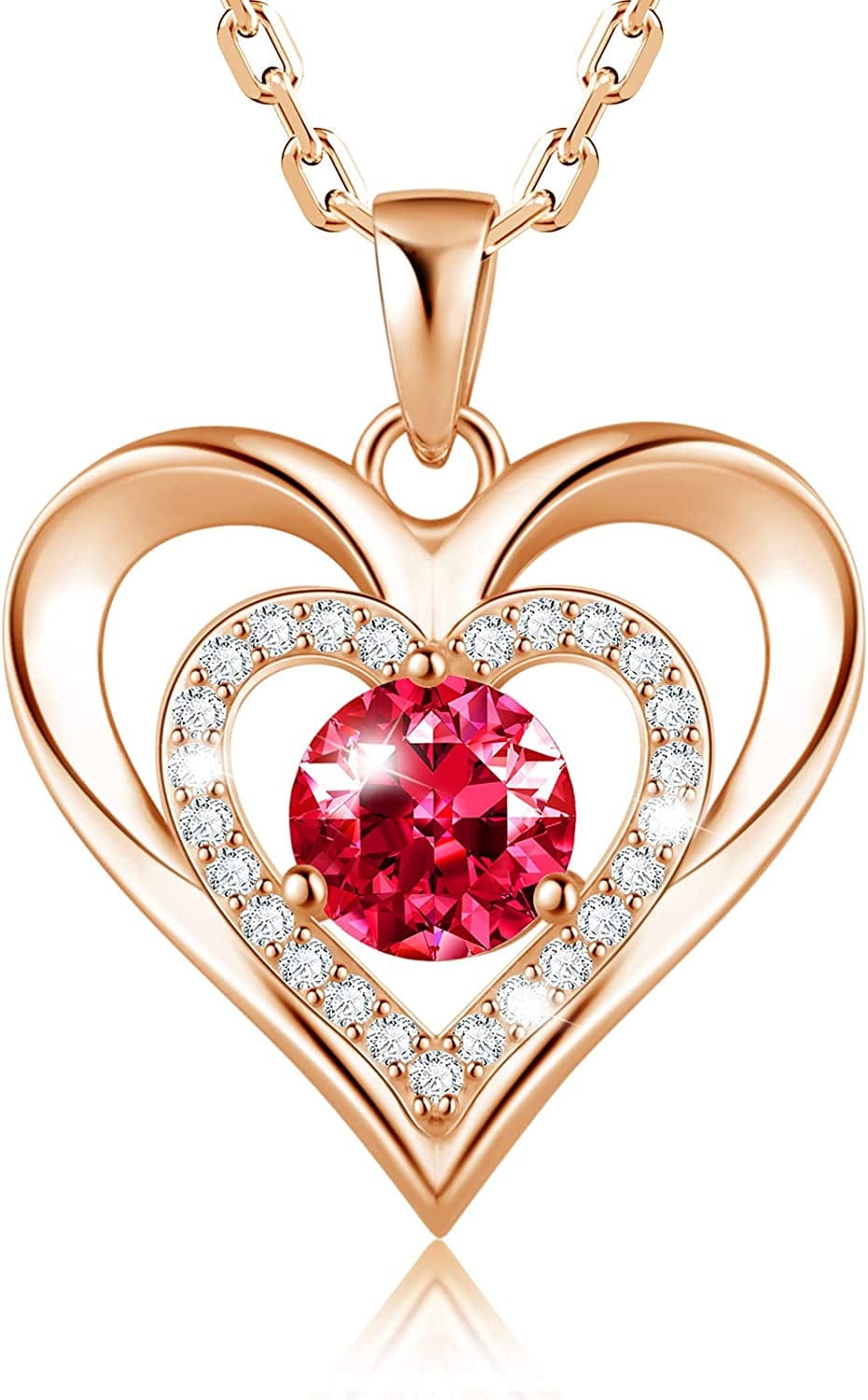 925 Sterling Silver Large Heart Necklace with 5A Birthstone Zirconia 18K Rose Gold Plated Love Birthstone Necklaces Jewelry Valentines Day Mothers Day Birthday Gifts for Mom Her Women Girls Wife Girlfriend, Chain Length 17.7"+2" Extender Rose Gold-07 Jul-Ruby