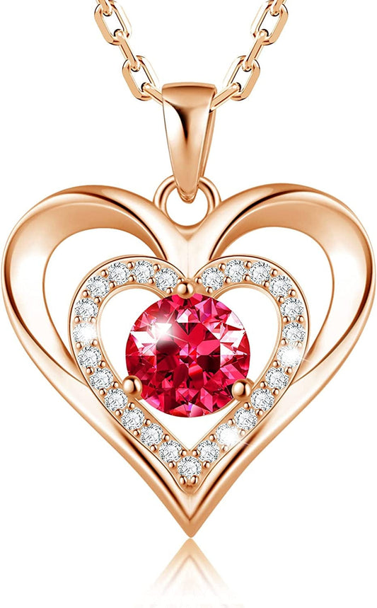 925 Sterling Silver Large Heart Necklace with 5A Birthstone Zirconia 18K Rose Gold Plated Love Birthstone Necklaces Jewelry Valentines Day Mothers Day Birthday Gifts for Mom Her Women Girls Wife Girlfriend, Chain Length 17.7"+2" Extender Rose Gold-07 Jul-Ruby