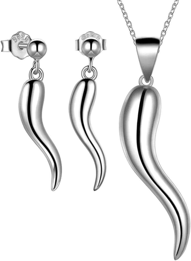 925 Sterling Silver Lucky Italian Horn Pendant Necklace Earrings Jewelry Set Protection Amulet Jewelry for Women Girls Mens Cornicello Jewelry Gift for Her Silver/Gold/Black (With Gift Box) G, Set Silver