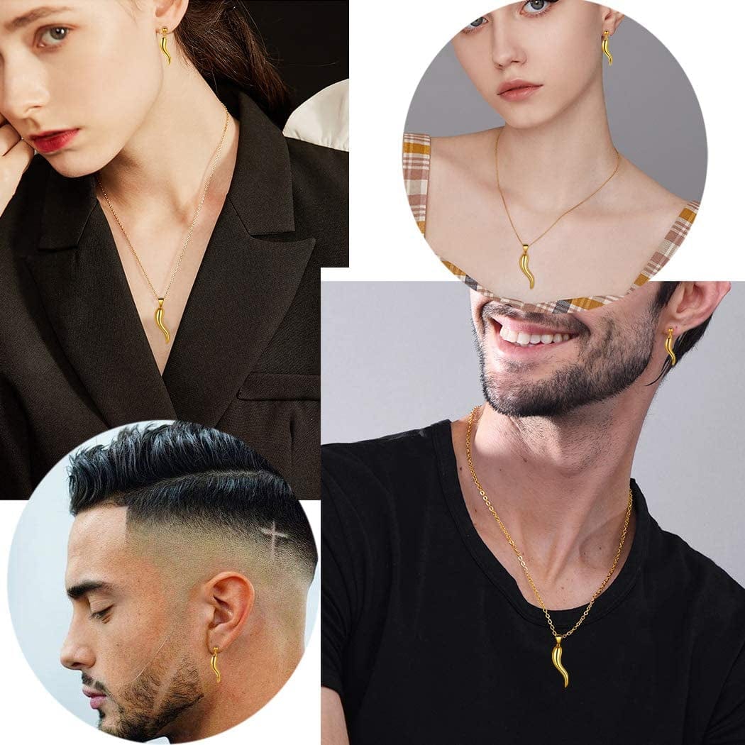 925 Sterling Silver Lucky Italian Horn Pendant Necklace Earrings Jewelry Set Protection Amulet Jewelry for Women Girls Mens Cornicello Jewelry Gift for Her Silver/Gold/Black (With Gift Box)