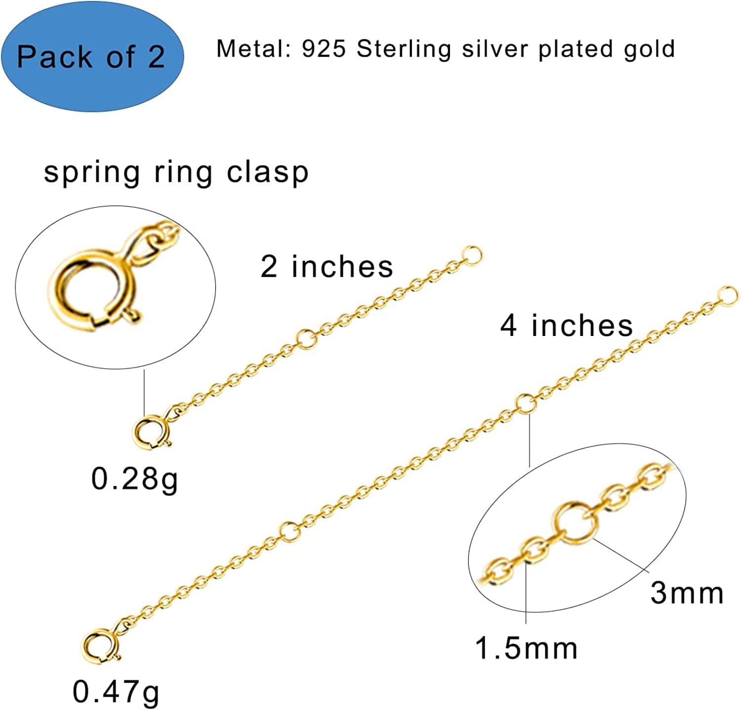 925 Sterling Silver Necklace Extenders Adjustable Extension Chain for Necklace Bracelet Anklet 2 Pcs Apparel & Accessories > Jewelry > Anklets VOLUKA