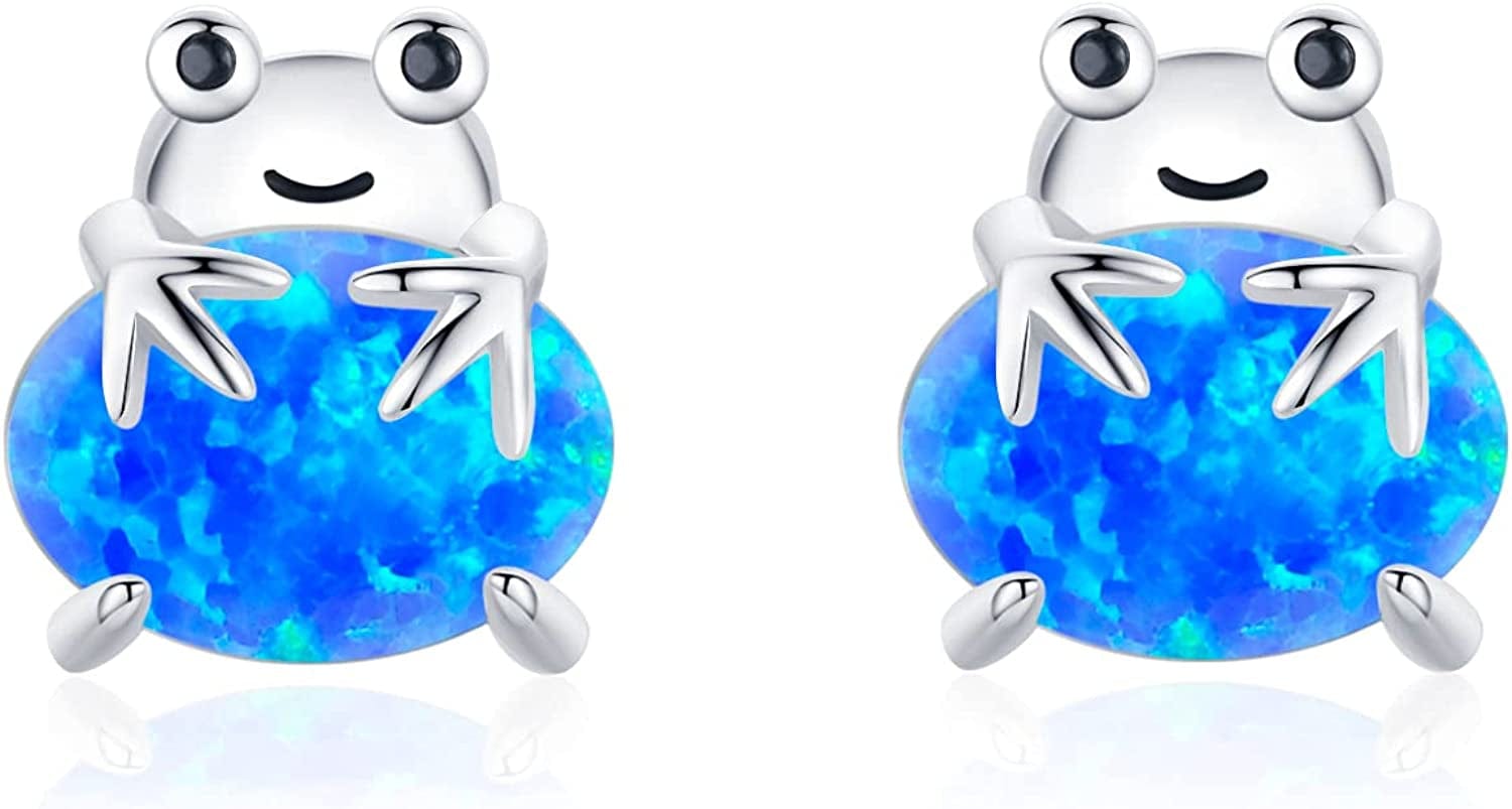 925 Sterling Silver Opal Animal Studs Earrings for Sensitive Ears Jewelry Gifts for Women Girls Frog-Blue Opal