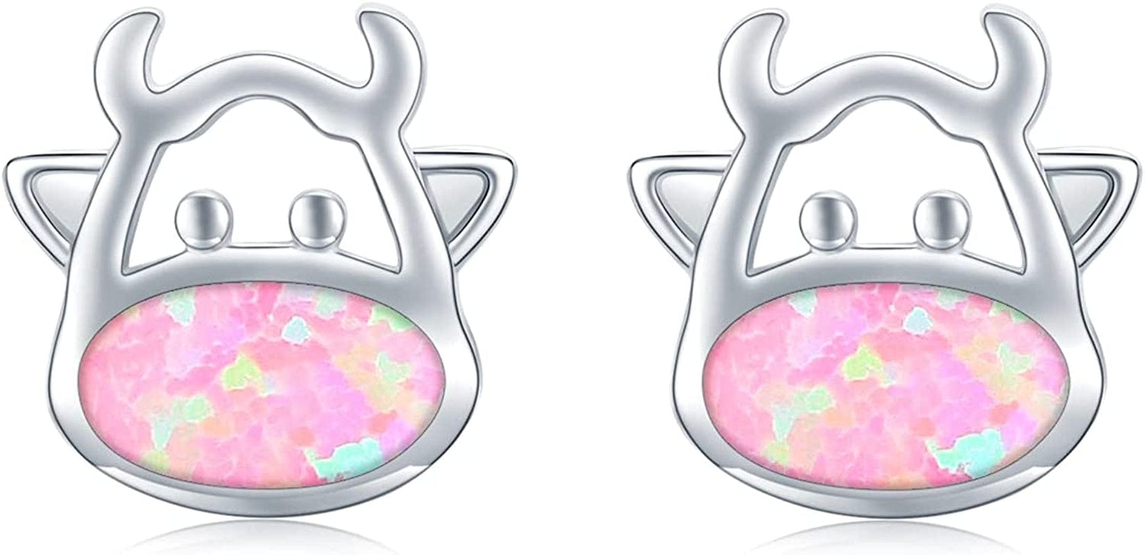 925 Sterling Silver Opal Animal Studs Earrings for Sensitive Ears Jewelry Gifts for Women Girls Cow-Pink Opal