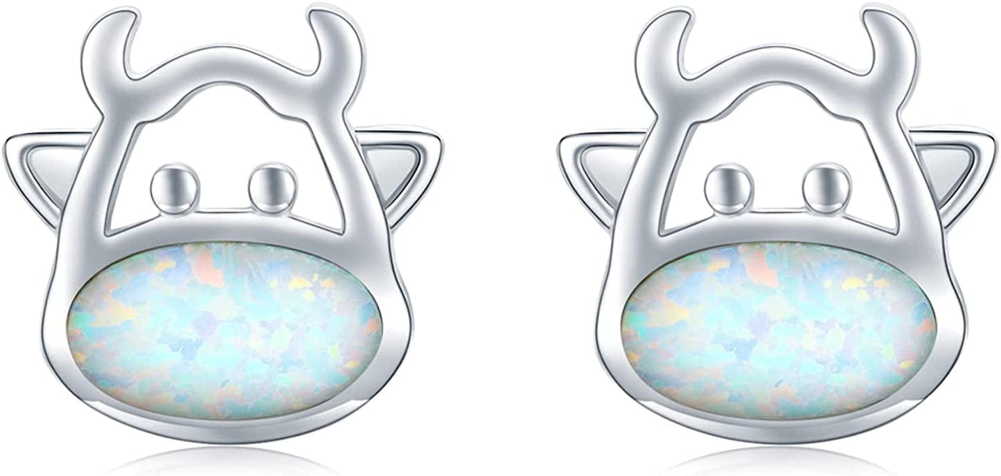 925 Sterling Silver Opal Animal Studs Earrings for Sensitive Ears Jewelry Gifts for Women Girls Cow