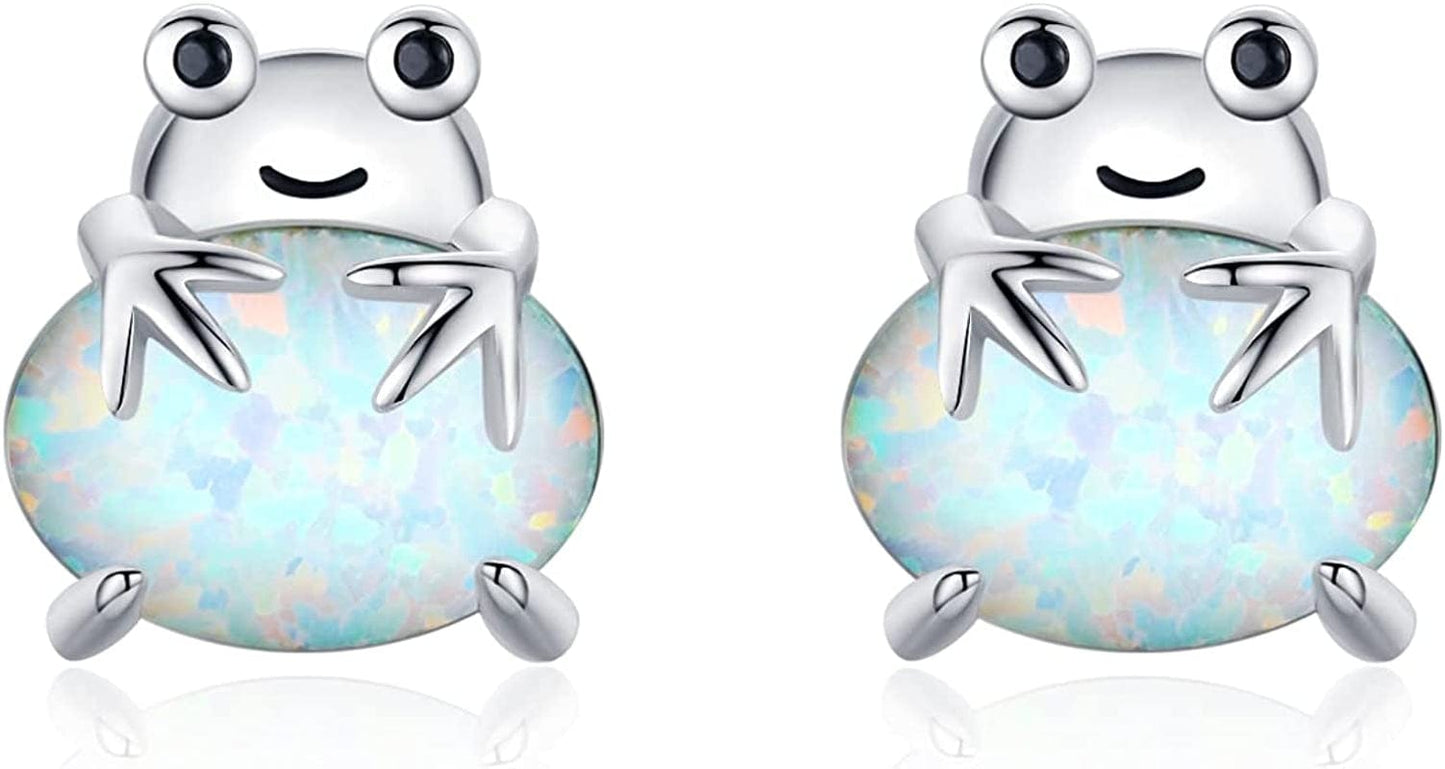 925 Sterling Silver Opal Animal Studs Earrings for Sensitive Ears Jewelry Gifts for Women Girls Frog