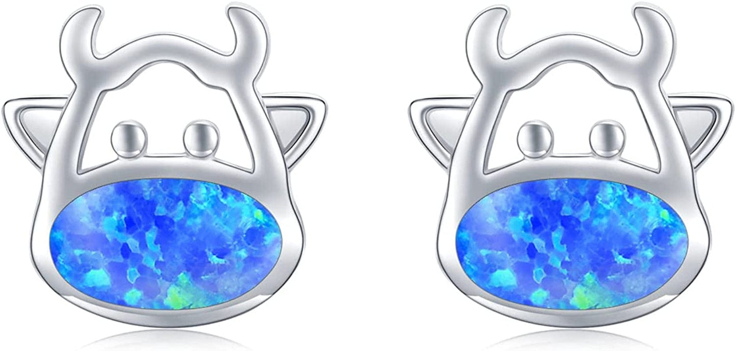925 Sterling Silver Opal Animal Studs Earrings for Sensitive Ears Jewelry Gifts for Women Girls Cow-Blue Opal