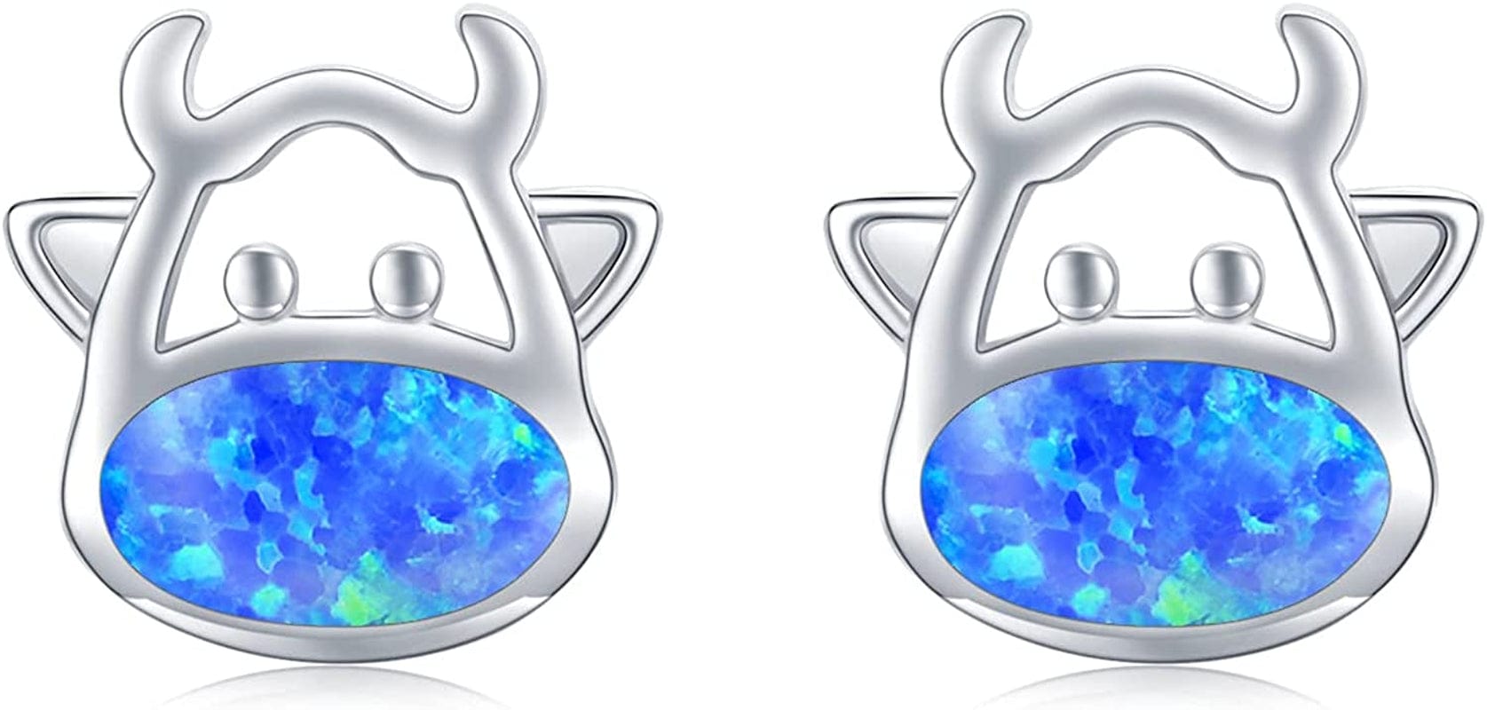 925 Sterling Silver Opal Animal Studs Earrings for Sensitive Ears Jewelry Gifts for Women Girls Cow-Blue Opal