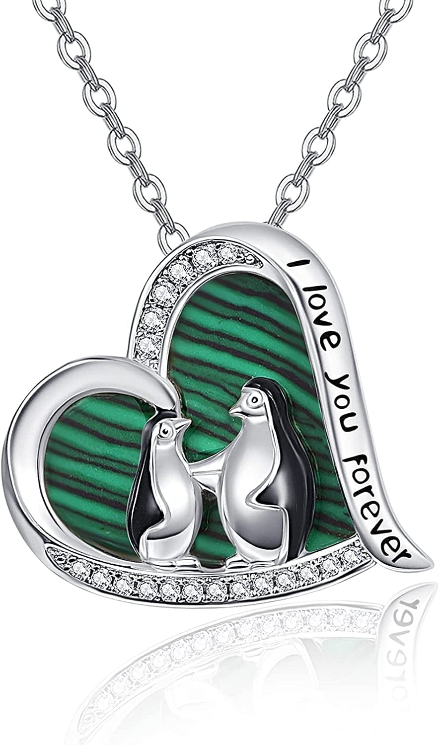 925 Sterling Silver Penguin Pendant Necklace Cute Animal Necklaces for Women Valentines Day Birthday Gifts for Her,Teens Silver 3 & Malachite