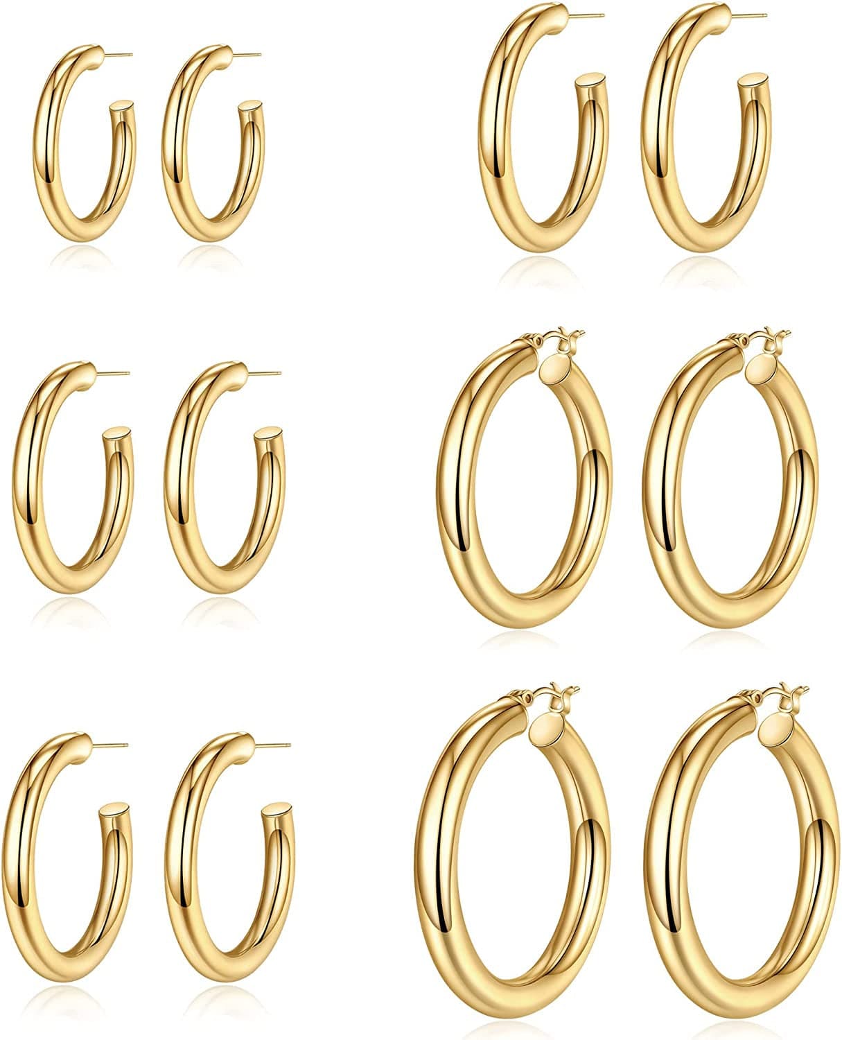 925 Sterling Silver Post 14K Real Gold Plated Chunky Hoop Earrings Set for Women, Hypoallergenic Thick Lightweight Hoop Earrings for Women 20/25/30/40/50/60Mm Gold Jewelry Gifts "6 Pairs Design 7