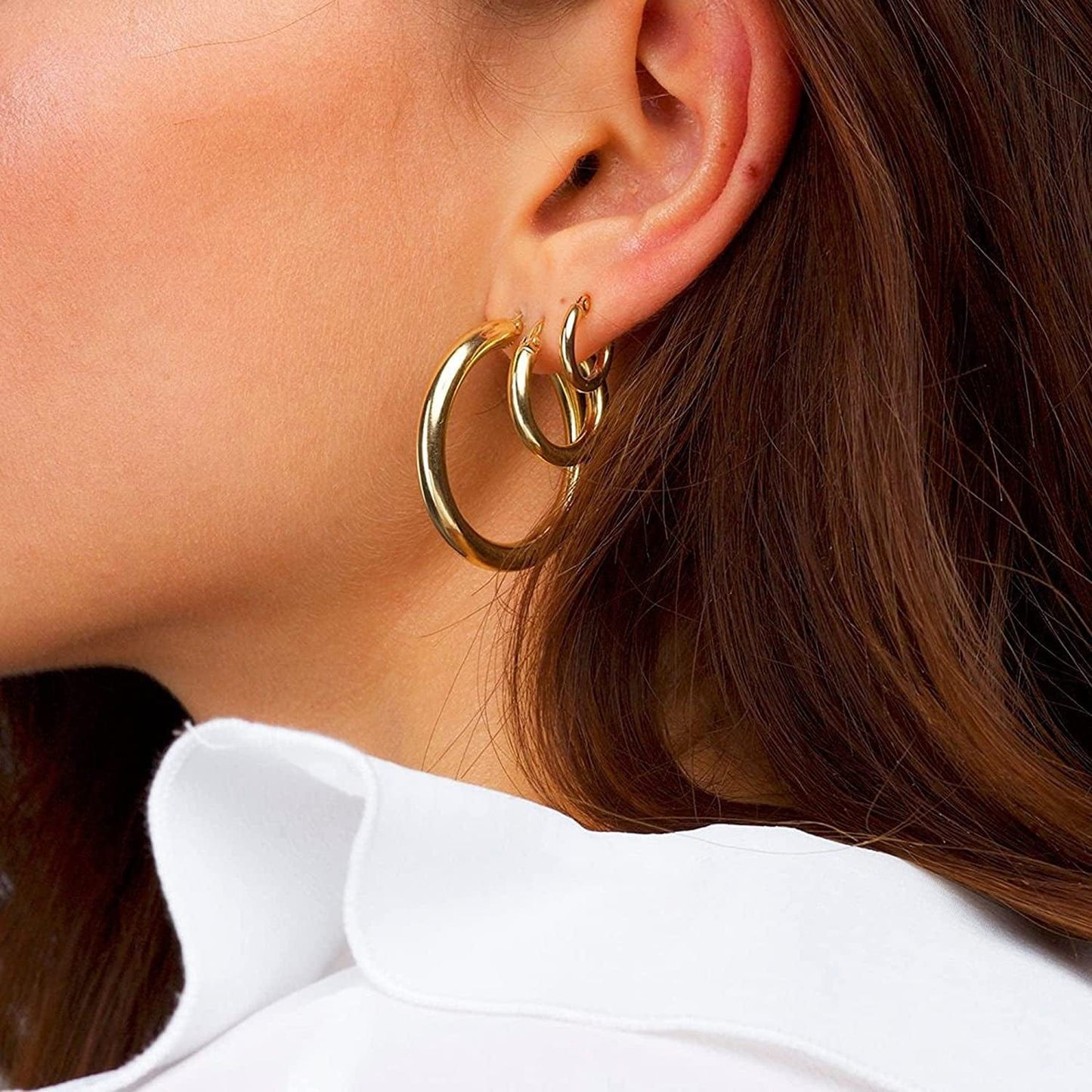 925 Sterling Silver Post 14K Real Gold Plated Chunky Hoop Earrings Set for Women, Hypoallergenic Thick Lightweight Hoop Earrings for Women 20/25/30/40/50/60Mm Gold Jewelry Gifts