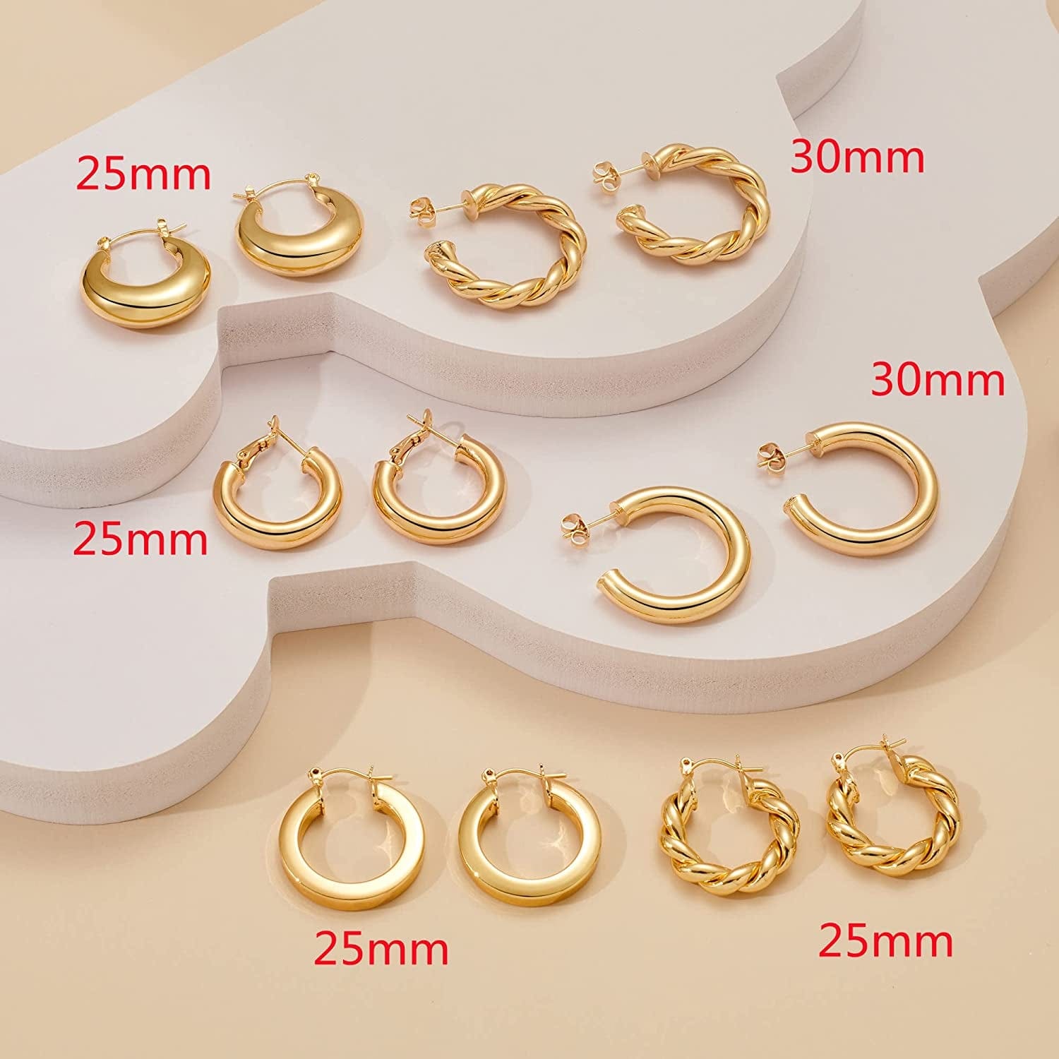 925 Sterling Silver Post 14K Real Gold Plated Chunky Hoop Earrings Set for Women, Hypoallergenic Thick Lightweight Hoop Earrings for Women 20/25/30/40/50/60Mm Gold Jewelry Gifts