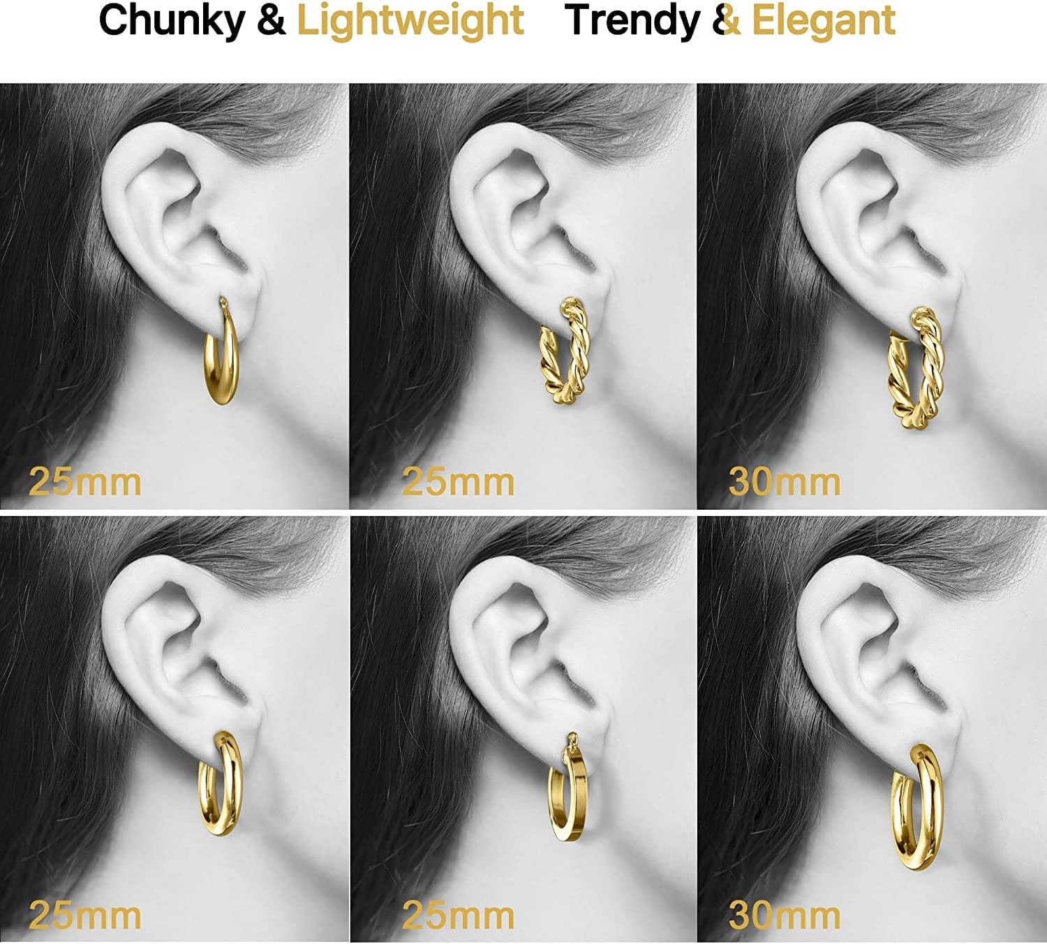 925 Sterling Silver Post 14K Real Gold Plated Chunky Hoop Earrings Set for Women, Hypoallergenic Thick Lightweight Hoop Earrings for Women 20/25/30/40/50/60Mm Gold Jewelry Gifts