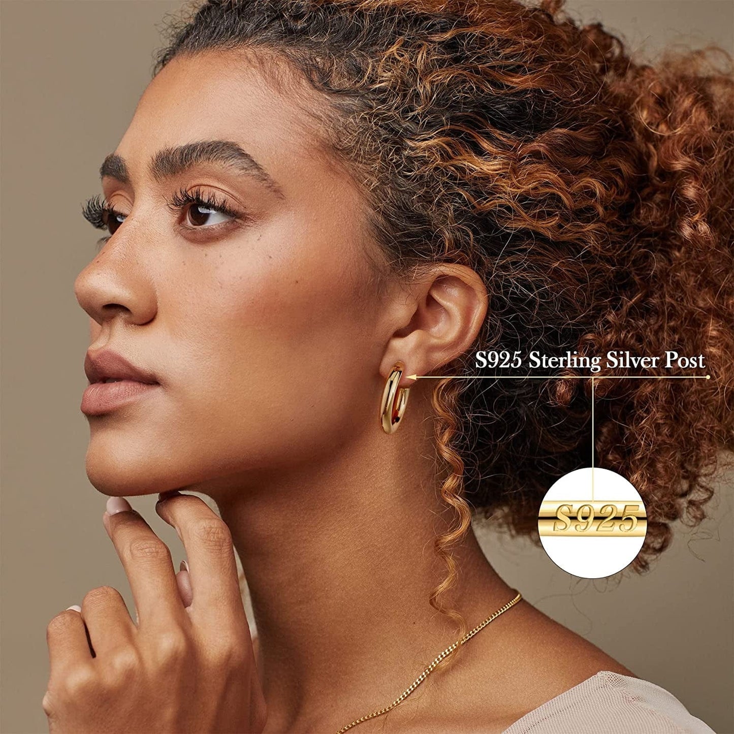 925 Sterling Silver Post 14K Real Gold Plated Chunky Hoop Earrings Set for Women, Hypoallergenic Thick Lightweight Hoop Earrings for Women 20/25/30/40/50/60Mm Gold Jewelry Gifts