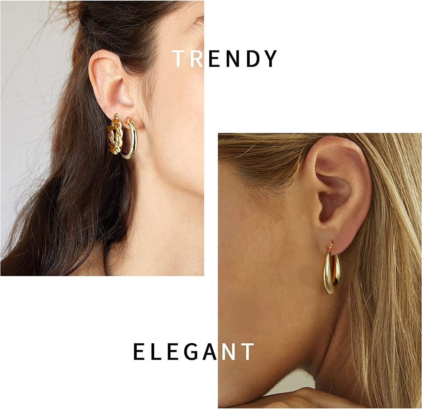 925 Sterling Silver Post 14K Real Gold Plated Chunky Hoop Earrings Set for Women, Hypoallergenic Thick Lightweight Hoop Earrings for Women 20/25/30/40/50/60Mm Gold Jewelry Gifts