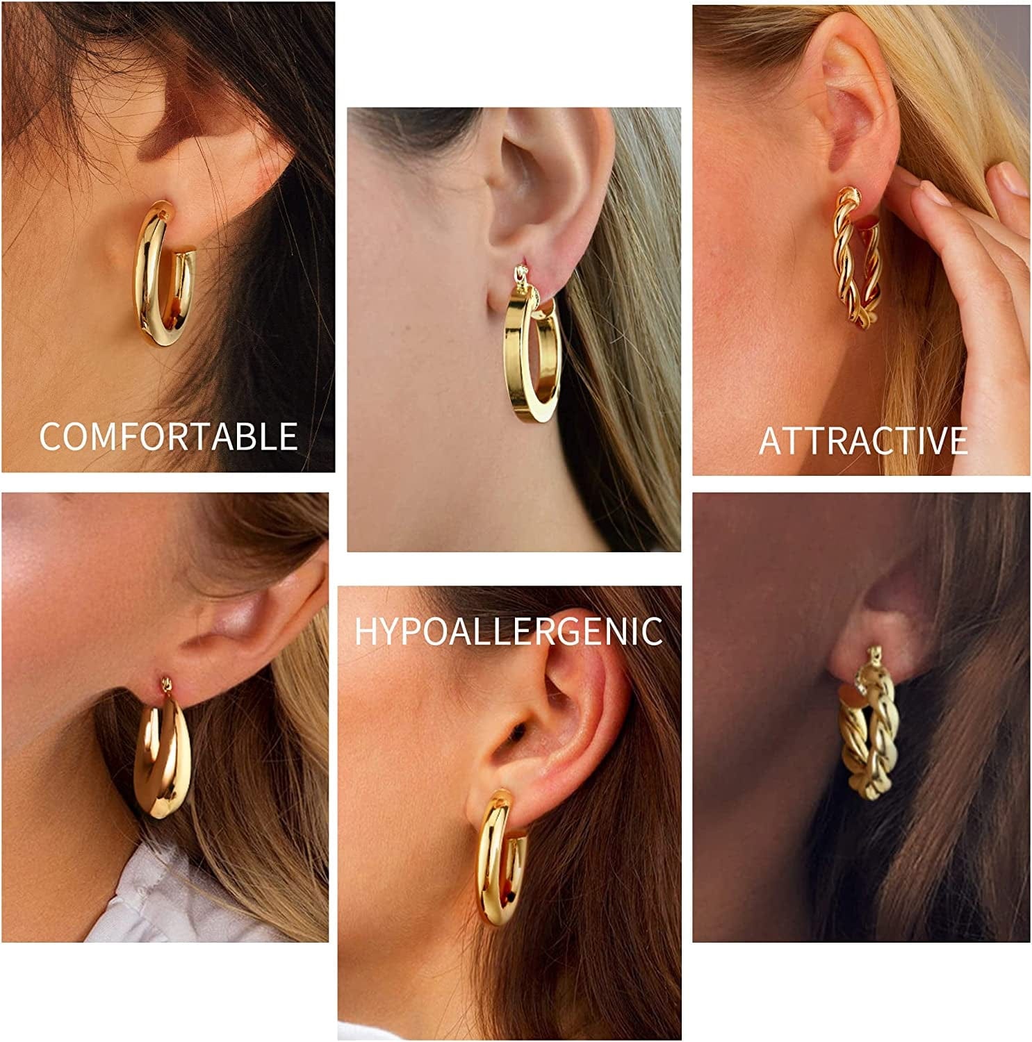 925 Sterling Silver Post 14K Real Gold Plated Chunky Hoop Earrings Set for Women, Hypoallergenic Thick Lightweight Hoop Earrings for Women 20/25/30/40/50/60Mm Gold Jewelry Gifts