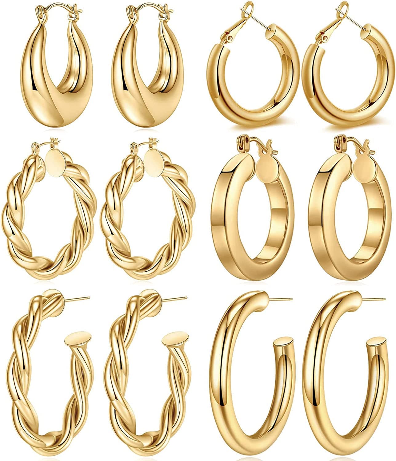 925 Sterling Silver Post 14K Real Gold Plated Chunky Hoop Earrings Set for Women, Hypoallergenic Thick Lightweight Hoop Earrings for Women 20/25/30/40/50/60Mm Gold Jewelry Gifts "6 Pairs Design 1
