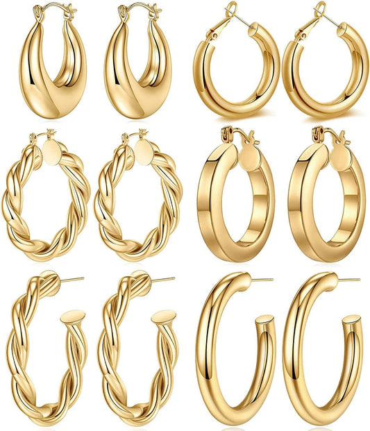 925 Sterling Silver Post 14K Real Gold Plated Chunky Hoop Earrings Set for Women, Hypoallergenic Thick Lightweight Hoop Earrings for Women 20/25/30/40/50/60Mm Gold Jewelry Gifts "6 Pairs Design 1