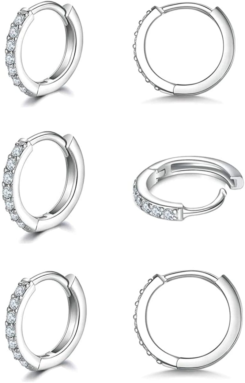 925 Sterling Silver Post Small Hoop Earrings Cubic Zirconia Huggie Hoop Earrings,3 Pairs 14K White Gold Plated Cartilage Piercing Earrings Ear Cuff Tiny Hoop Earrings for Women Men 8Mm 10Mm 12Mm B-silver 3 pairs 8mm