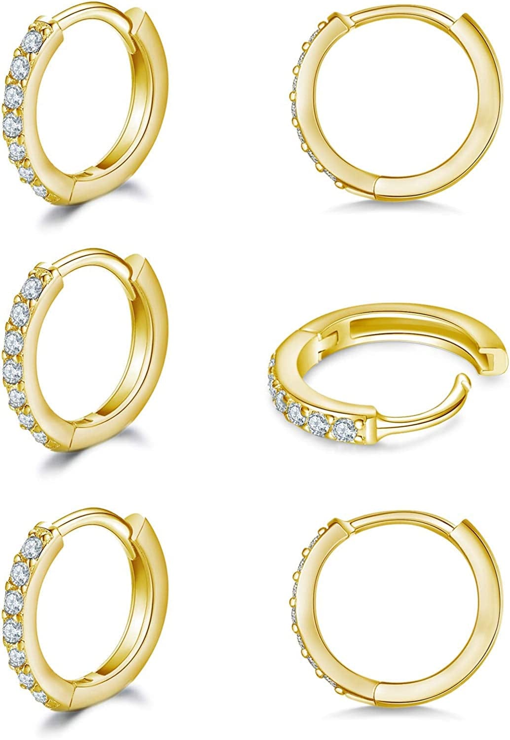 925 Sterling Silver Post Small Hoop Earrings Cubic Zirconia Huggie Hoop Earrings,3 Pairs 14K White Gold Plated Cartilage Piercing Earrings Ear Cuff Tiny Hoop Earrings for Women Men 8Mm 10Mm 12Mm F-gold 3 pairs 8mm