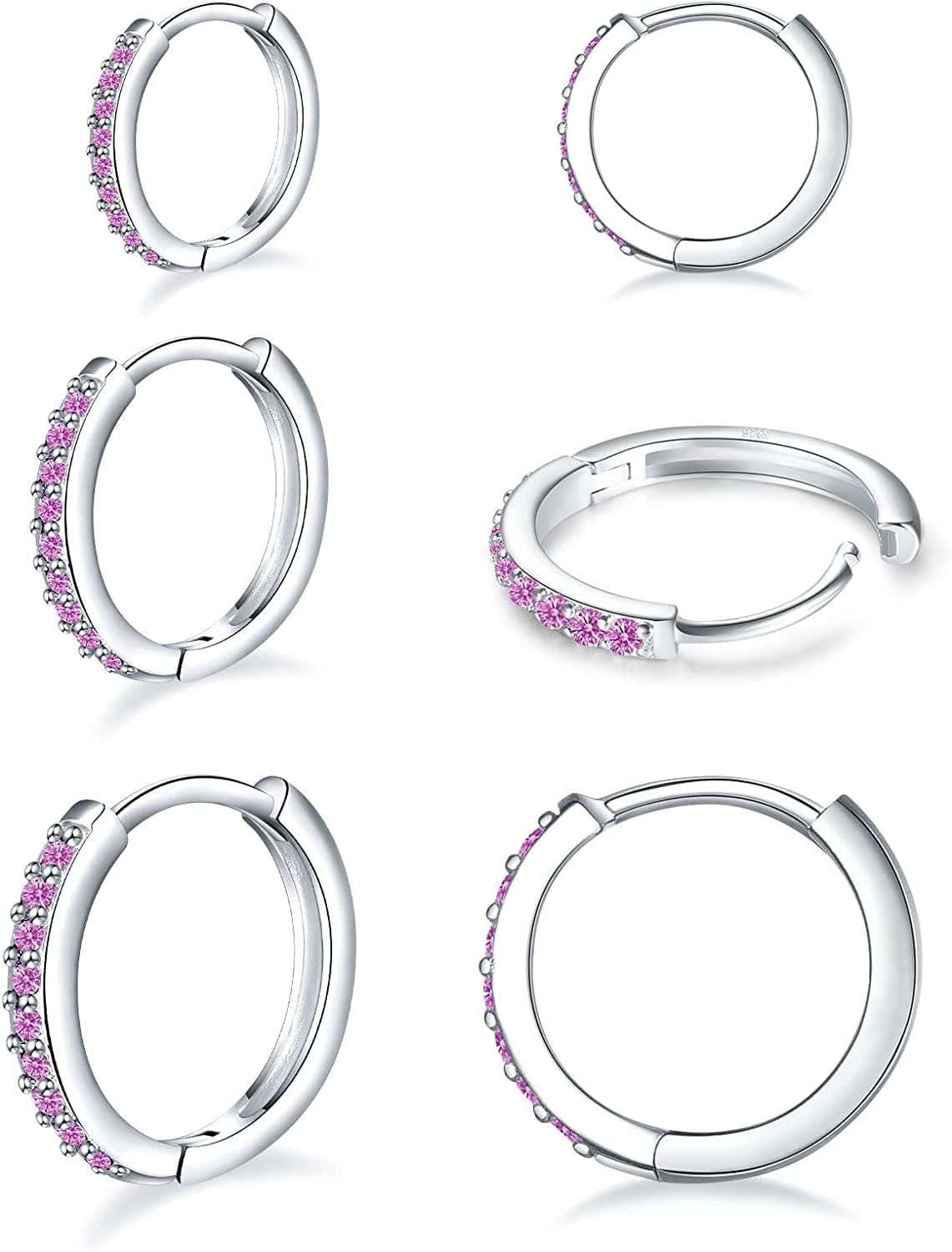 925 Sterling Silver Post Small Hoop Earrings Cubic Zirconia Huggie Hoop Earrings,3 Pairs 14K White Gold Plated Cartilage Piercing Earrings Ear Cuff Tiny Hoop Earrings for Women Men 8Mm 10Mm 12Mm P-pink cz 3 pairs 8/10/12mm