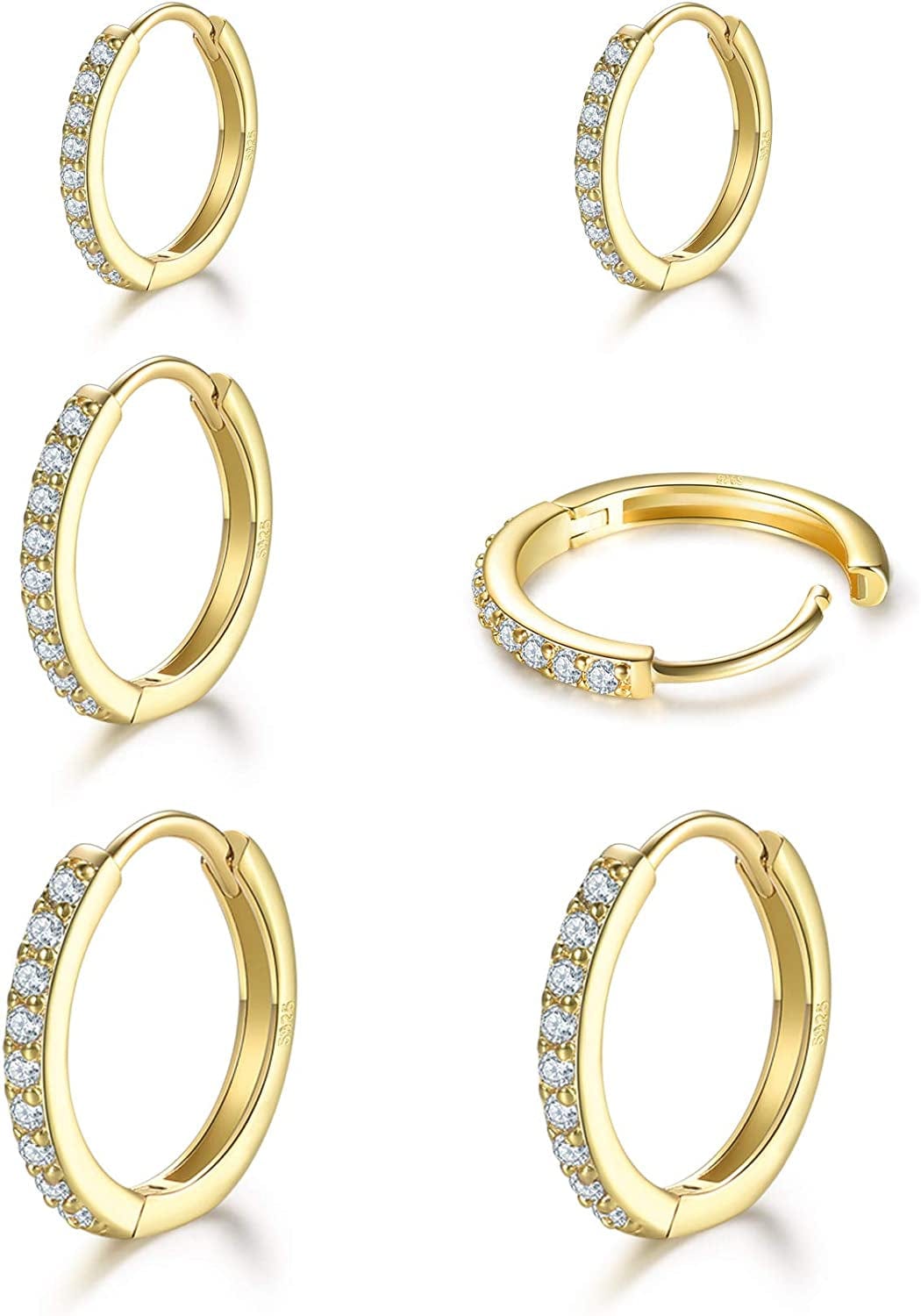 925 Sterling Silver Post Small Hoop Earrings Cubic Zirconia Huggie Hoop Earrings,3 Pairs 14K White Gold Plated Cartilage Piercing Earrings Ear Cuff Tiny Hoop Earrings for Women Men 8Mm 10Mm 12Mm D-gold 3 pairs 8/10/12mm