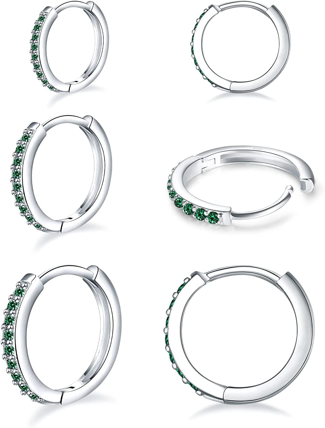 925 Sterling Silver Post Small Hoop Earrings Cubic Zirconia Huggie Hoop Earrings,3 Pairs 14K White Gold Plated Cartilage Piercing Earrings Ear Cuff Tiny Hoop Earrings for Women Men 8Mm 10Mm 12Mm Q-green cz 3 pairs 8/10/12mm