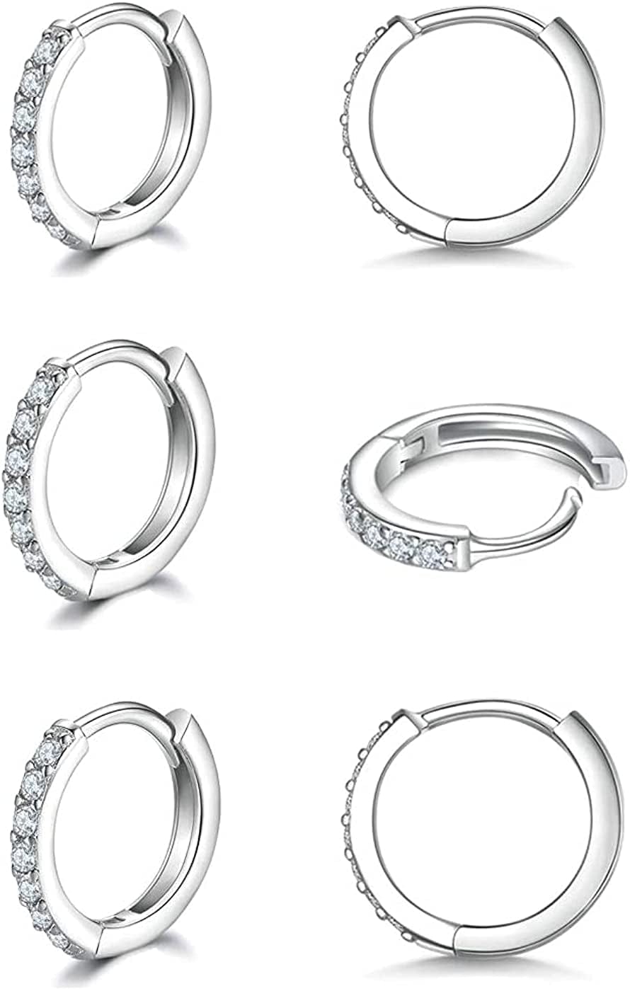 925 Sterling Silver Post Small Hoop Earrings Cubic Zirconia Huggie Hoop Earrings,3 Pairs 14K White Gold Plated Cartilage Piercing Earrings Ear Cuff Tiny Hoop Earrings for Women Men 8Mm 10Mm 12Mm M-silver 3 pairs 6mm