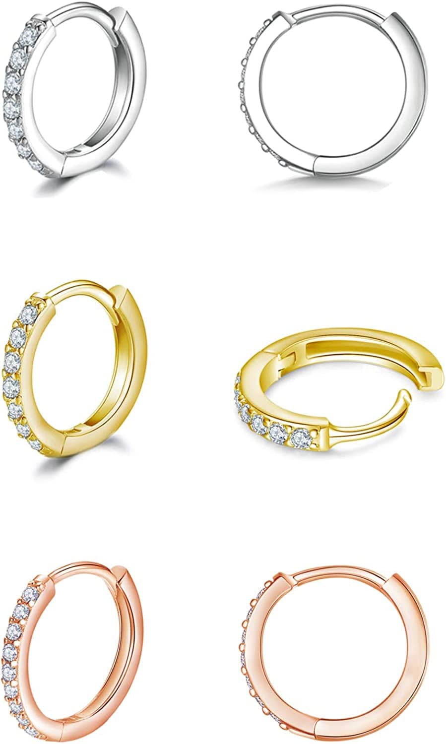 925 Sterling Silver Post Small Hoop Earrings Cubic Zirconia Huggie Hoop Earrings,3 Pairs 14K White Gold Plated Cartilage Piercing Earrings Ear Cuff Tiny Hoop Earrings for Women Men 8Mm 10Mm 12Mm I-silver gold rosegold 3 pairs 8mm