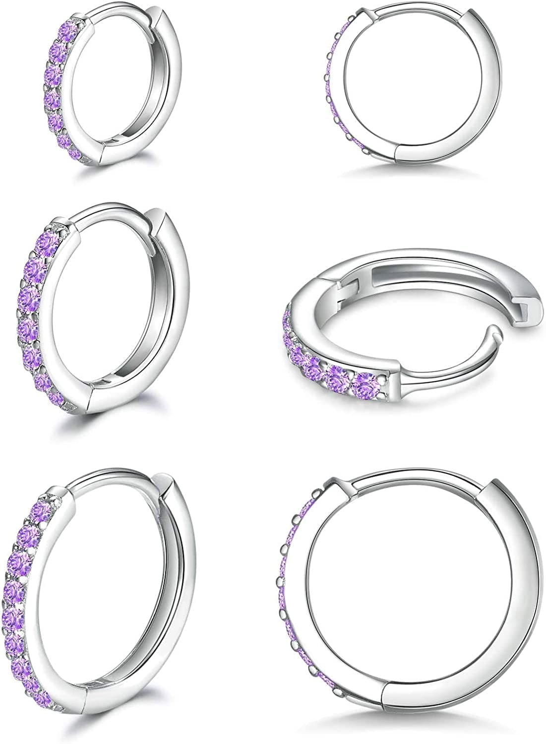 925 Sterling Silver Post Small Hoop Earrings Cubic Zirconia Huggie Hoop Earrings,3 Pairs 14K White Gold Plated Cartilage Piercing Earrings Ear Cuff Tiny Hoop Earrings for Women Men 8Mm 10Mm 12Mm O-purple cz 3 pairs 8/10/12mm