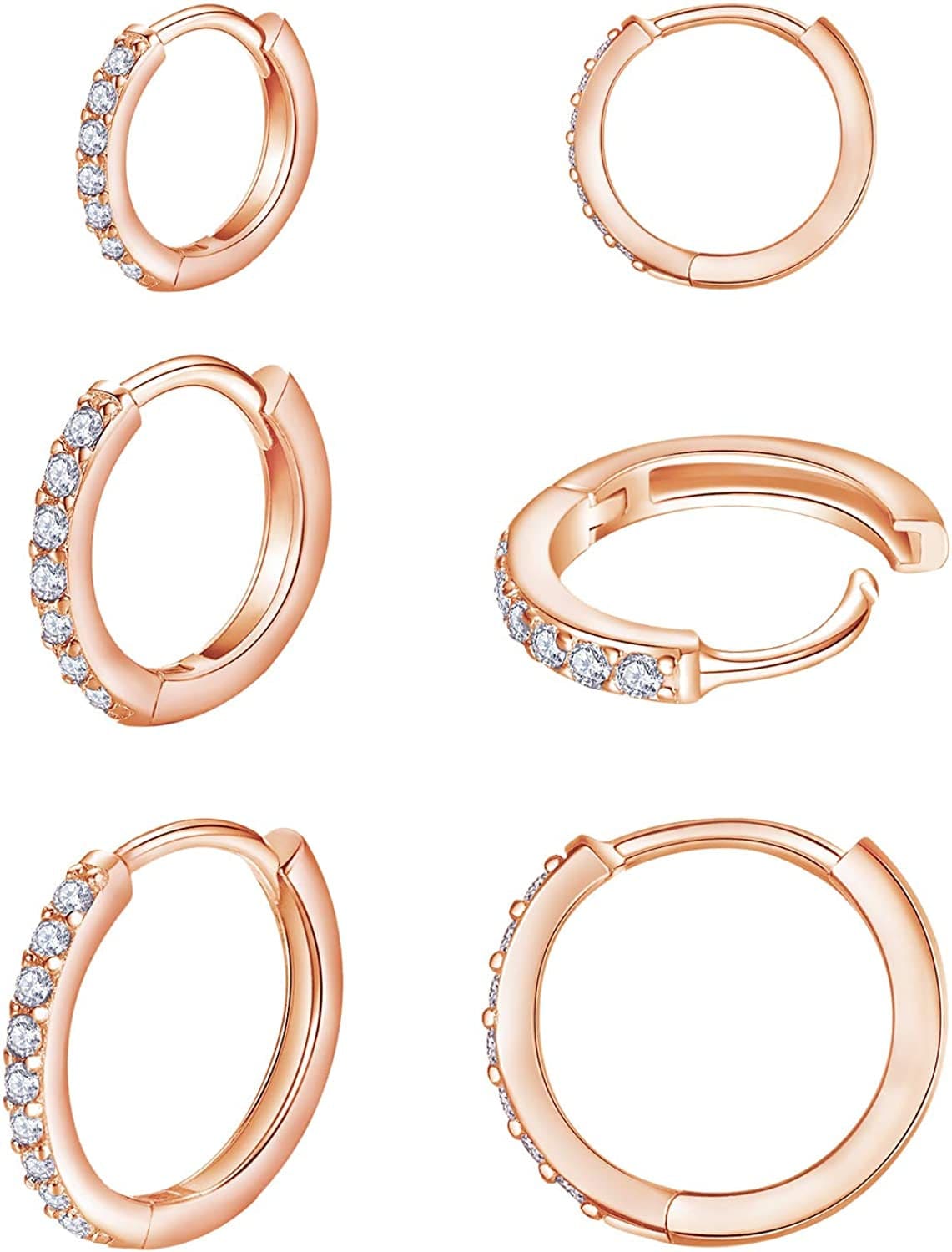 925 Sterling Silver Post Small Hoop Earrings Cubic Zirconia Huggie Hoop Earrings,3 Pairs 14K White Gold Plated Cartilage Piercing Earrings Ear Cuff Tiny Hoop Earrings for Women Men 8Mm 10Mm 12Mm E-rosegold 3 pairs 8/10/12mm
