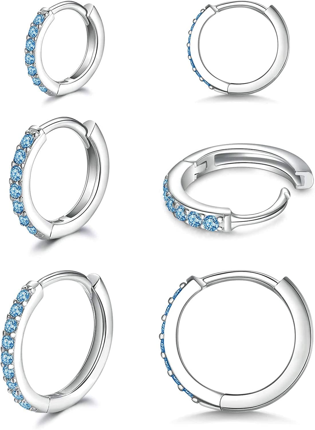 925 Sterling Silver Post Small Hoop Earrings Cubic Zirconia Huggie Hoop Earrings,3 Pairs 14K White Gold Plated Cartilage Piercing Earrings Ear Cuff Tiny Hoop Earrings for Women Men 8Mm 10Mm 12Mm N-blue cz 3 pairs 8/10/12mm