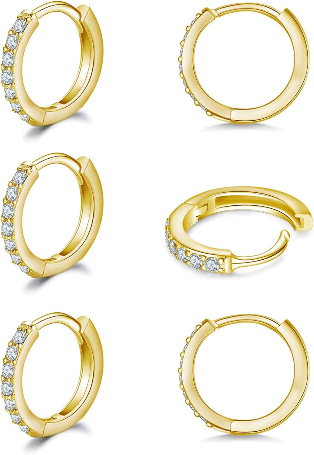 925 Sterling Silver Post Small Hoop Earrings Cubic Zirconia Huggie Hoop Earrings,3 Pairs 14K White Gold Plated Cartilage Piercing Earrings Ear Cuff Tiny Hoop Earrings for Women Men 8Mm 10Mm 12Mm H-gold 3 pairs 10mm