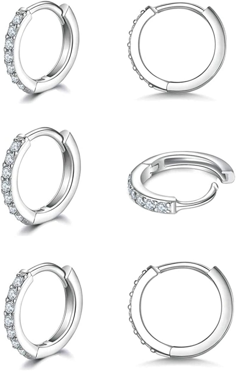 925 Sterling Silver Post Small Hoop Earrings Cubic Zirconia Huggie Hoop Earrings,3 Pairs 14K White Gold Plated Cartilage Piercing Earrings Ear Cuff Tiny Hoop Earrings for Women Men 8Mm 10Mm 12Mm C-silver 3 pairs 10mm
