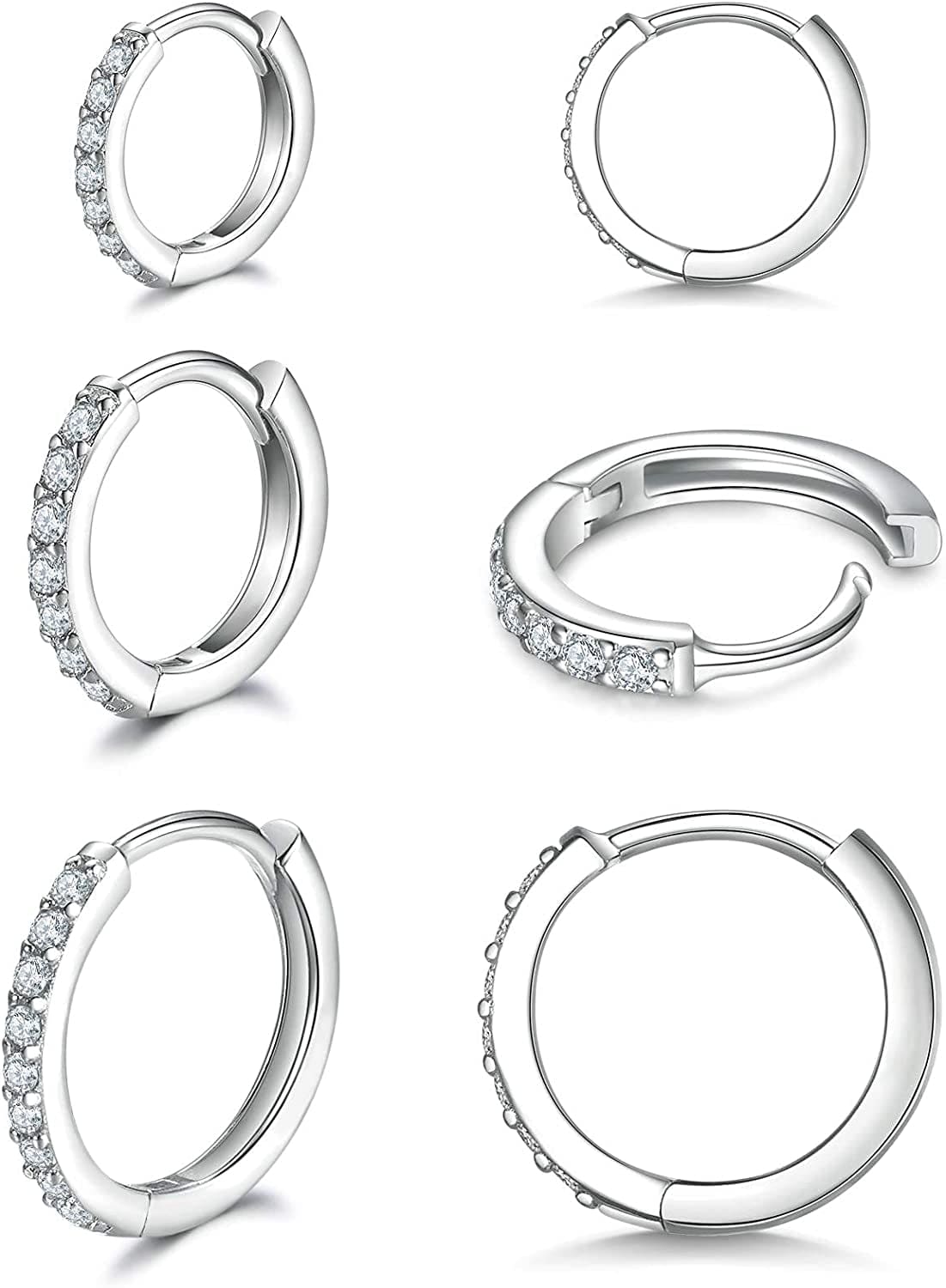 925 Sterling Silver Post Small Hoop Earrings Cubic Zirconia Huggie Hoop Earrings,3 Pairs 14K White Gold Plated Cartilage Piercing Earrings Ear Cuff Tiny Hoop Earrings for Women Men 8Mm 10Mm 12Mm J-silver 3 pairs 6/8/10mm