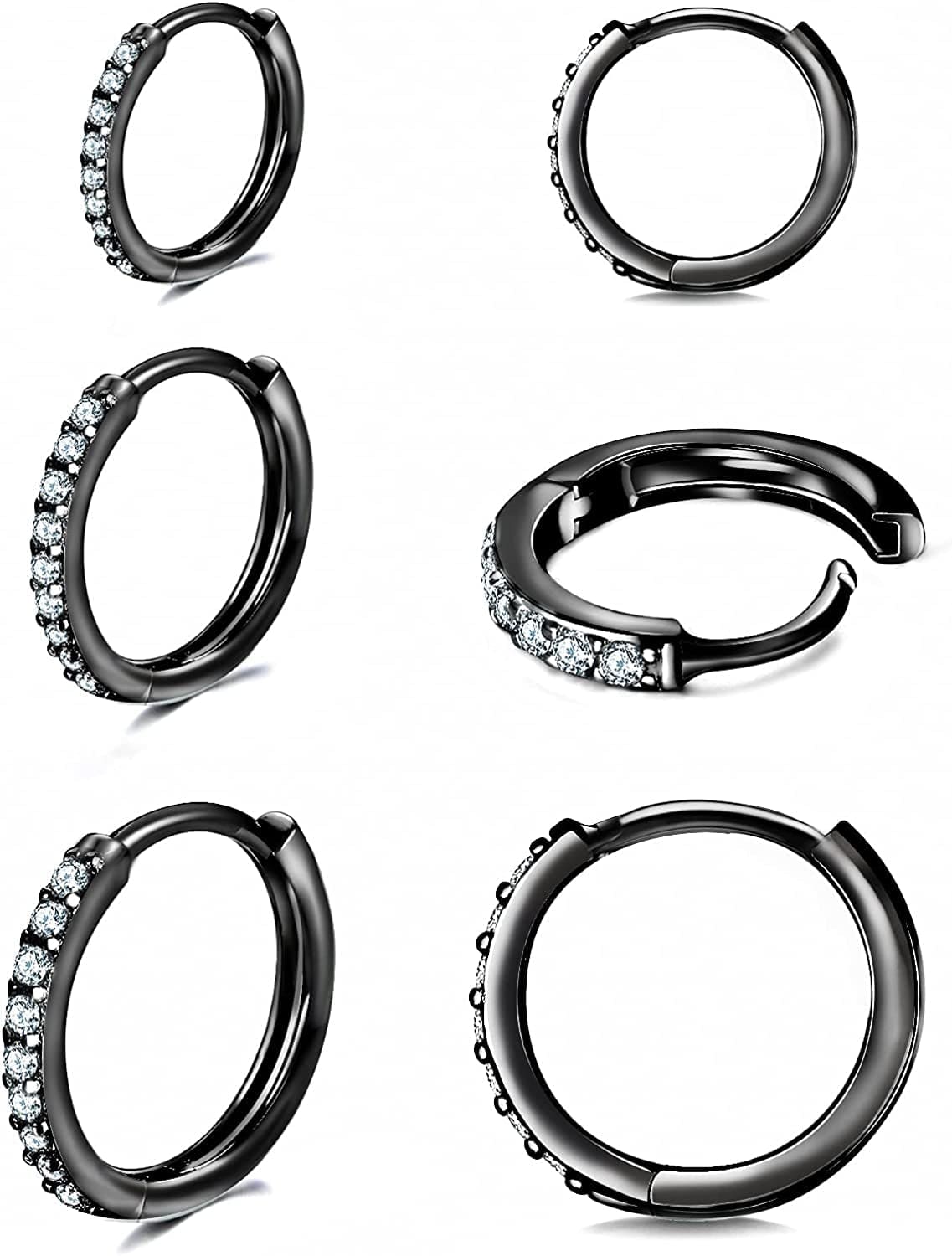925 Sterling Silver Post Small Hoop Earrings Cubic Zirconia Huggie Hoop Earrings,3 Pairs 14K White Gold Plated Cartilage Piercing Earrings Ear Cuff Tiny Hoop Earrings for Women Men 8Mm 10Mm 12Mm R-black cz 3 pairs 6/8/10mm