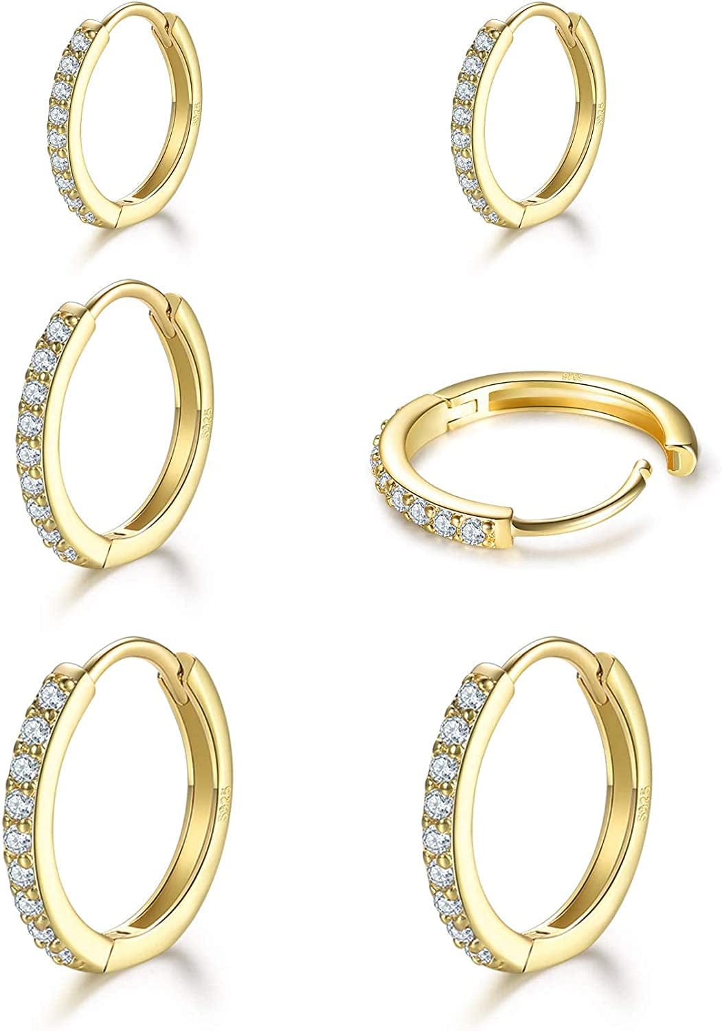 925 Sterling Silver Post Small Hoop Earrings Cubic Zirconia Huggie Hoop Earrings,3 Pairs 14K White Gold Plated Cartilage Piercing Earrings Ear Cuff Tiny Hoop Earrings for Women Men 8Mm 10Mm 12Mm L-gold 3 pairs 6/8/10mm