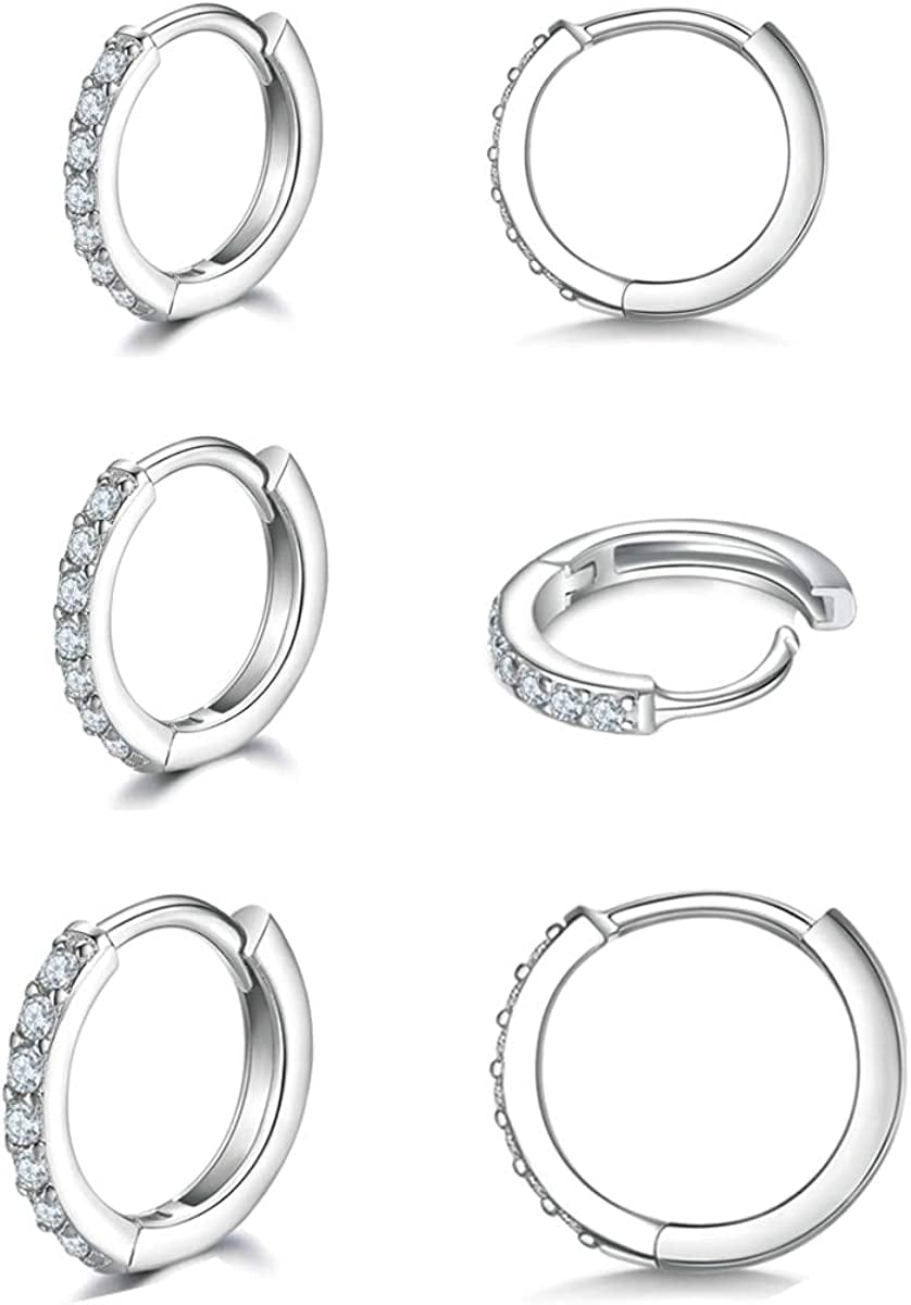925 Sterling Silver Post Small Hoop Earrings Cubic Zirconia Huggie Hoop Earrings,3 Pairs 14K White Gold Plated Cartilage Piercing Earrings Ear Cuff Tiny Hoop Earrings for Women Men 8Mm 10Mm 12Mm G-silver 2 pairs 8mm,1 pair 10mm