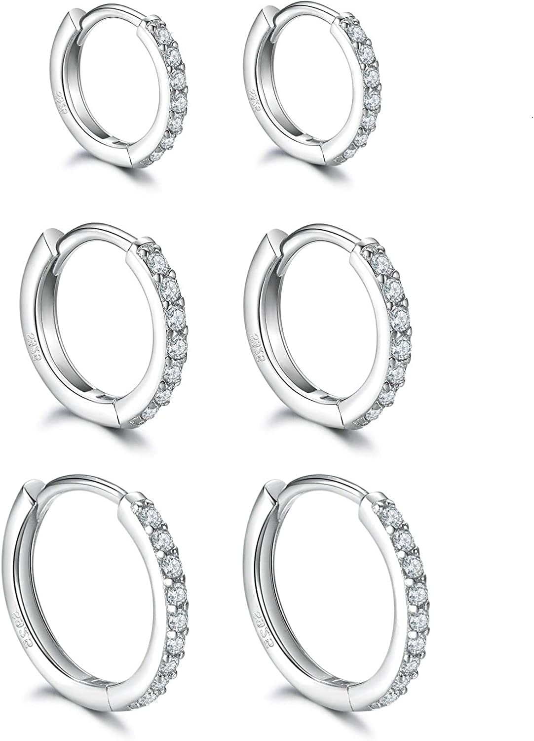 925 Sterling Silver Post Small Hoop Earrings Cubic Zirconia Huggie Hoop Earrings,3 Pairs 14K White Gold Plated Cartilage Piercing Earrings Ear Cuff Tiny Hoop Earrings for Women Men 8Mm 10Mm 12Mm