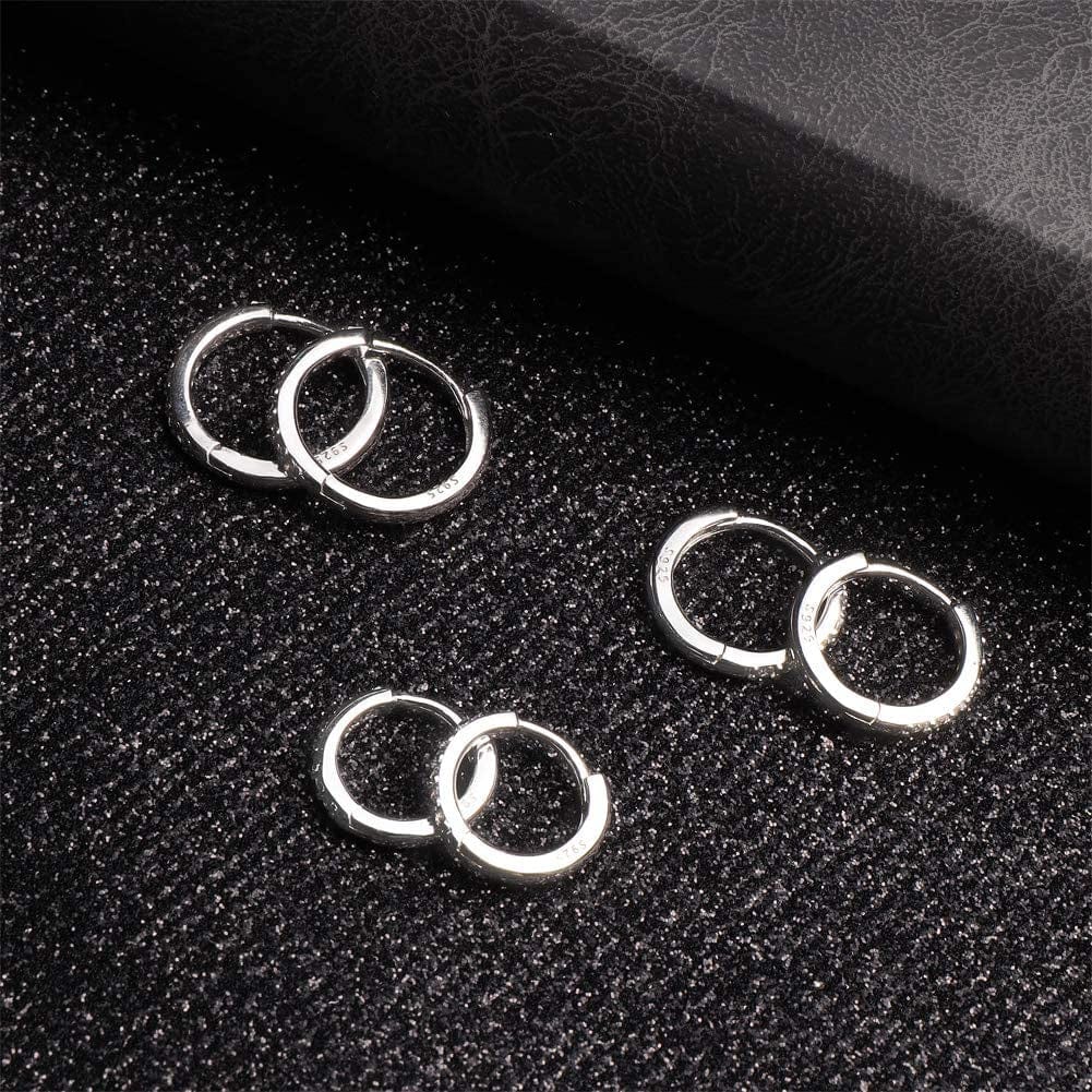 925 Sterling Silver Post Small Hoop Earrings Cubic Zirconia Huggie Hoop Earrings,3 Pairs 14K White Gold Plated Cartilage Piercing Earrings Ear Cuff Tiny Hoop Earrings for Women Men 8Mm 10Mm 12Mm