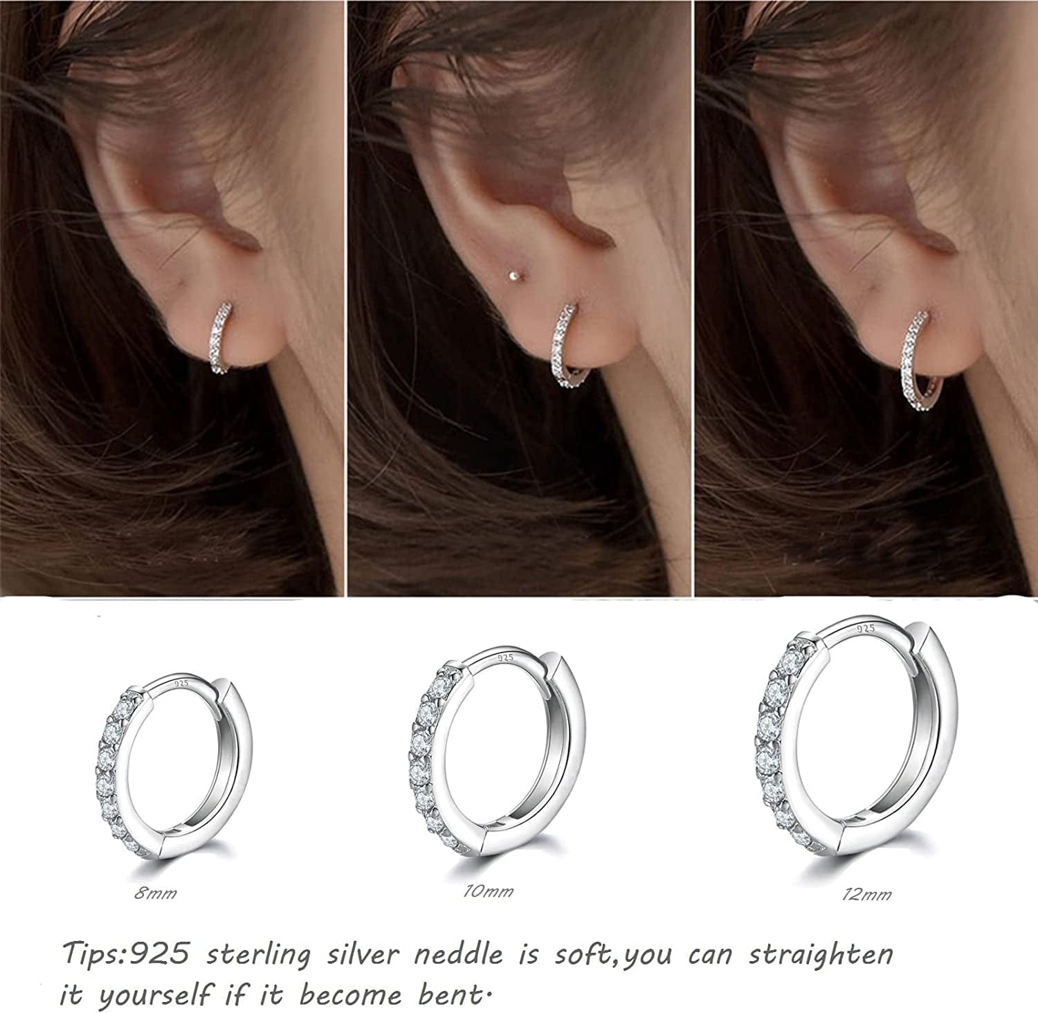 925 Sterling Silver Post Small Hoop Earrings Cubic Zirconia Huggie Hoop Earrings,3 Pairs 14K White Gold Plated Cartilage Piercing Earrings Ear Cuff Tiny Hoop Earrings for Women Men 8Mm 10Mm 12Mm