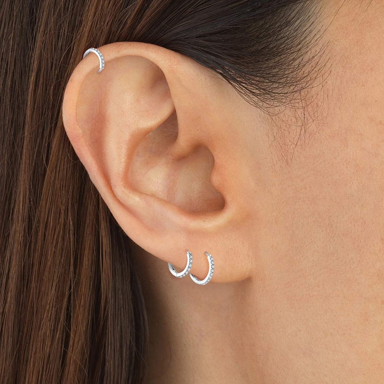 925 Sterling Silver Post Small Hoop Earrings Cubic Zirconia Huggie Hoop Earrings,3 Pairs 14K White Gold Plated Cartilage Piercing Earrings Ear Cuff Tiny Hoop Earrings for Women Men 8Mm 10Mm 12Mm