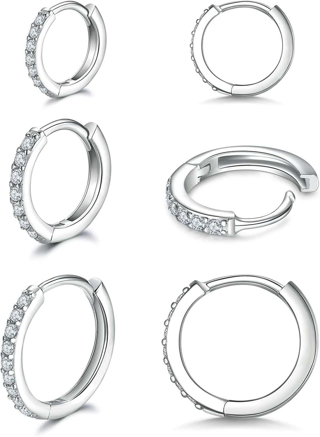 925 Sterling Silver Post Small Hoop Earrings Cubic Zirconia Huggie Hoop Earrings,3 Pairs 14K White Gold Plated Cartilage Piercing Earrings Ear Cuff Tiny Hoop Earrings for Women Men 8Mm 10Mm 12Mm A-silver 3 pairs 8/10/12mm