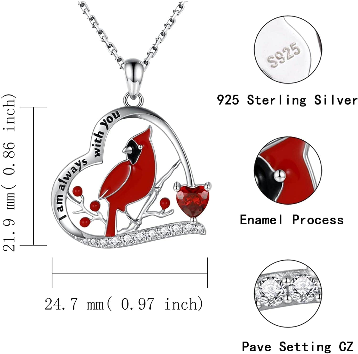 925 Sterling Silver Red Cardinal Necklace I Am Always with You Memorial Pendant Jewelry Gift for Women