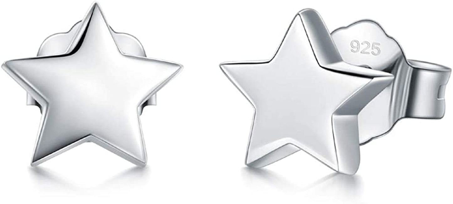 925 Sterling Silver Stud Earrings, Boruo Crescent Moon, Star, Sun High Polish Tarnish Resistant Earrings Silver Star
