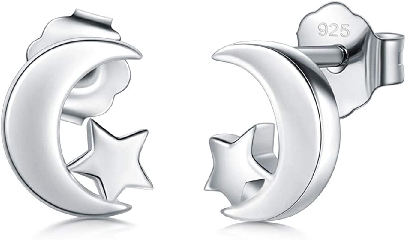 925 Sterling Silver Stud Earrings, Boruo Crescent Moon, Star, Sun High Polish Tarnish Resistant Earrings Star and Moon 1